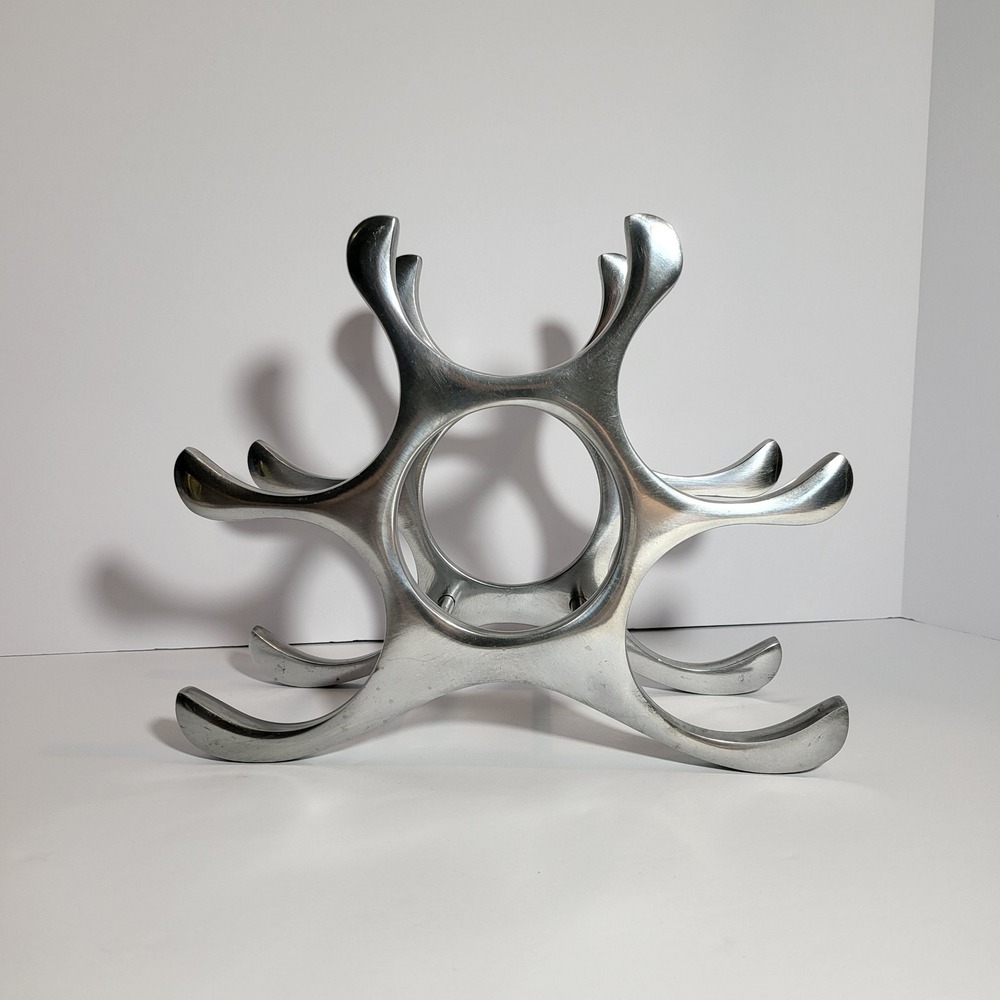 MCM Style Cast Aluminum Sculptural 6 Bottle Wine Rack